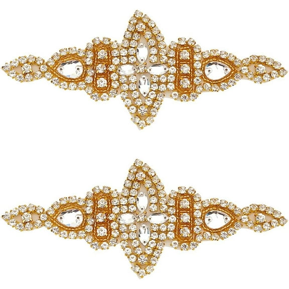 2 Pcs Rhinestone Applique for Wedding Dress - Iron on/Sew on Golden Flower Glass Patches - Alloy Ornament Appliques for Bridal Dress Decor Gold