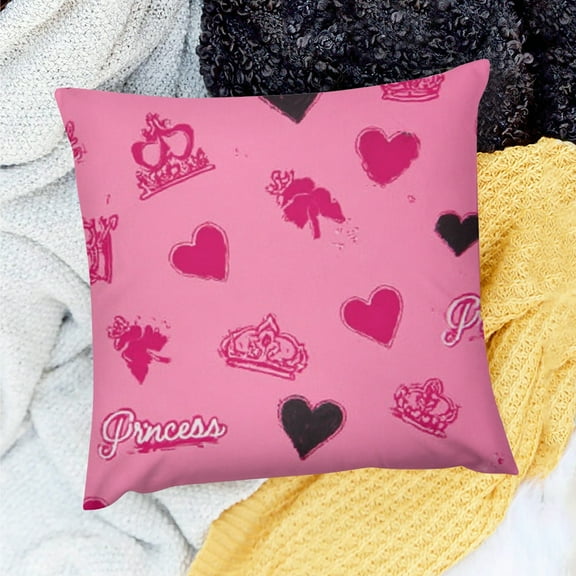 Creowell Pink Background Princess Hearts Pillow Case Indoor Decoration 18x18in