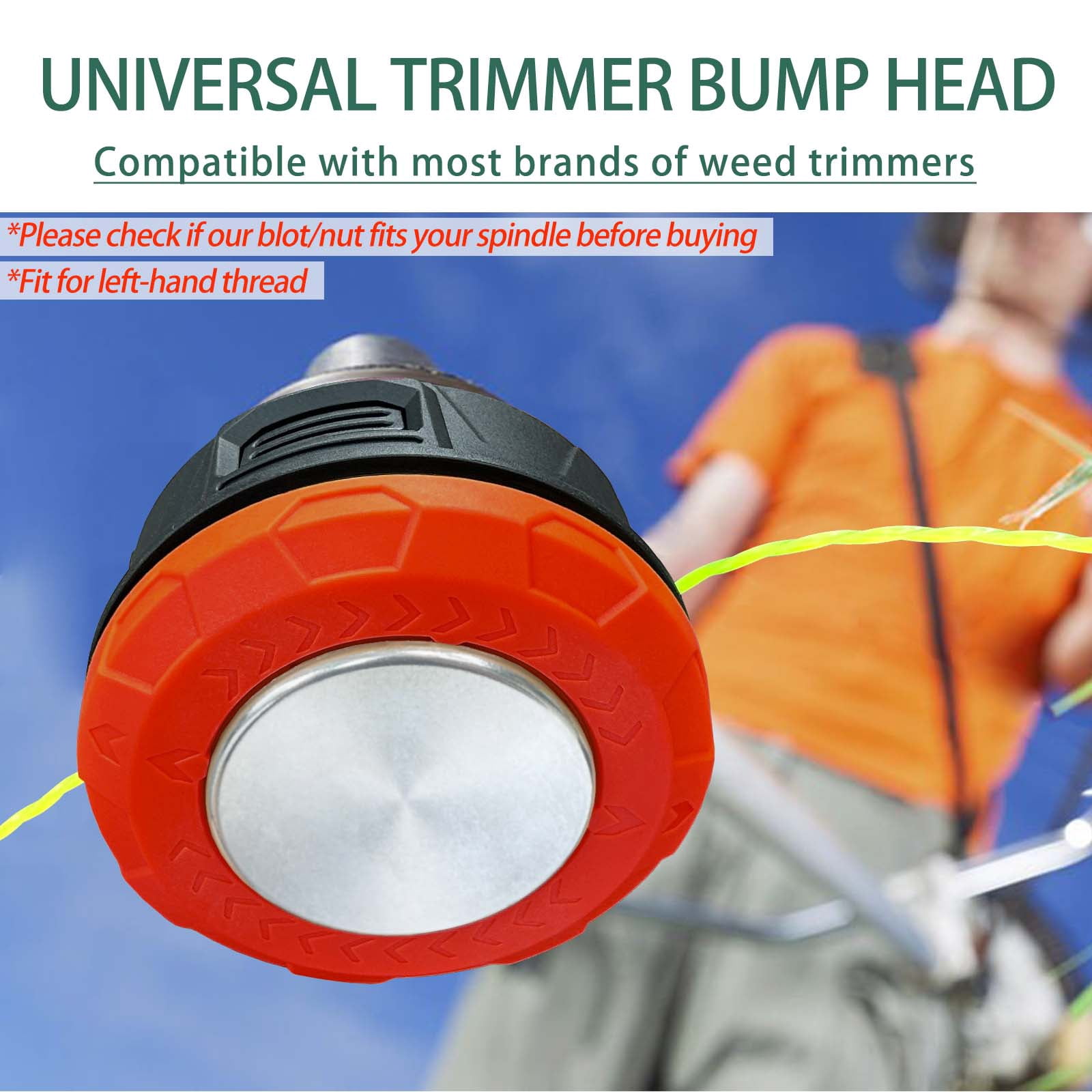 Universal Weed Eater Head,Easy Feed Trimmer Bump Head with Wear-resistant rotating iron plate, Weed Wacker Head Trimmer Head for Echo,Ego,Dewalt,Stihl,Ryobi...with 14ft 095’’Trimmer Line,Orange