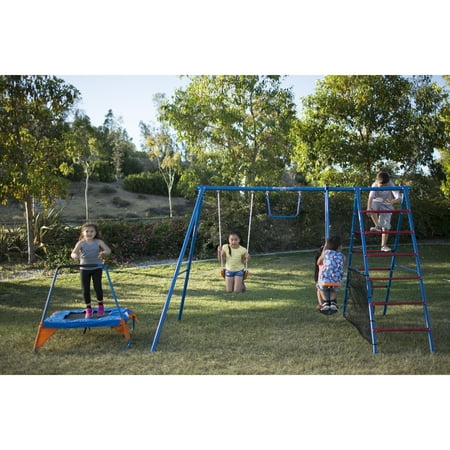 FITNESS REALITY KIDS Fun Series Metal Swing Set with Trampoline and Ladder (Best Sprinkler For Under Trampoline)