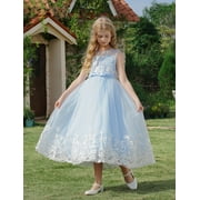 IBTOM CASTLE Flower Girl Lace Dress for Kids Wedding Bridesmaid Pageant Party Formal Long Maxi Gown Princess Communion Tulle Bow Dresses 9-10 Years Blue