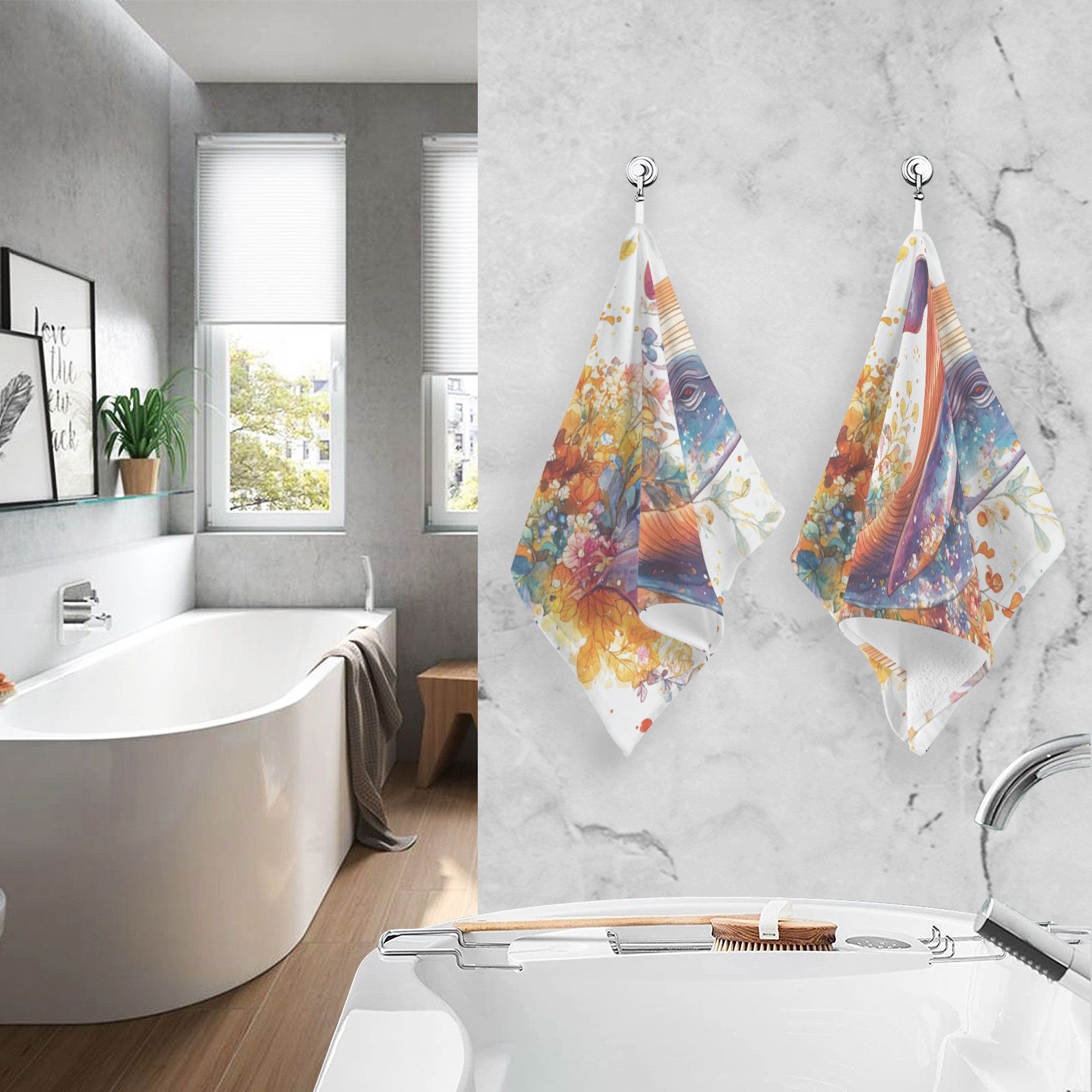 Whale and Flowers Leaves Hand Towels Cotton Bath Towels Large Face Towels Absorbent for Bathroom 2 Packs
