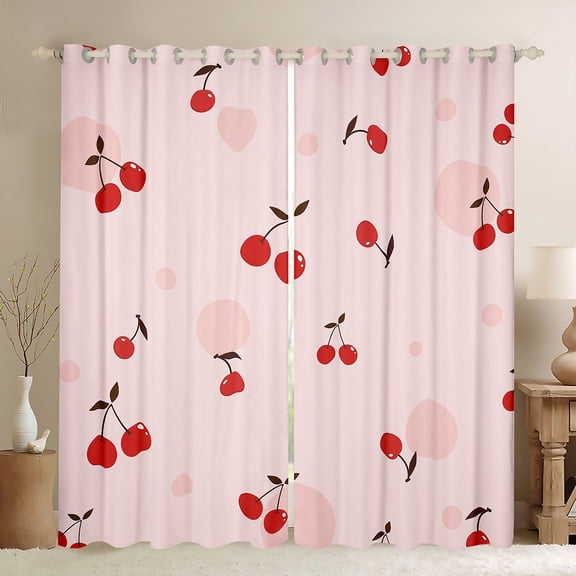 Homewish Cartoon Cherry Fruit Black Out Curtains for Girl, Cute Polkadots Print Curtains Pack of 2 (42x63 Each), Kawaii Pink Princess Style Bedroom Curtains, Window Curtains Home Decor