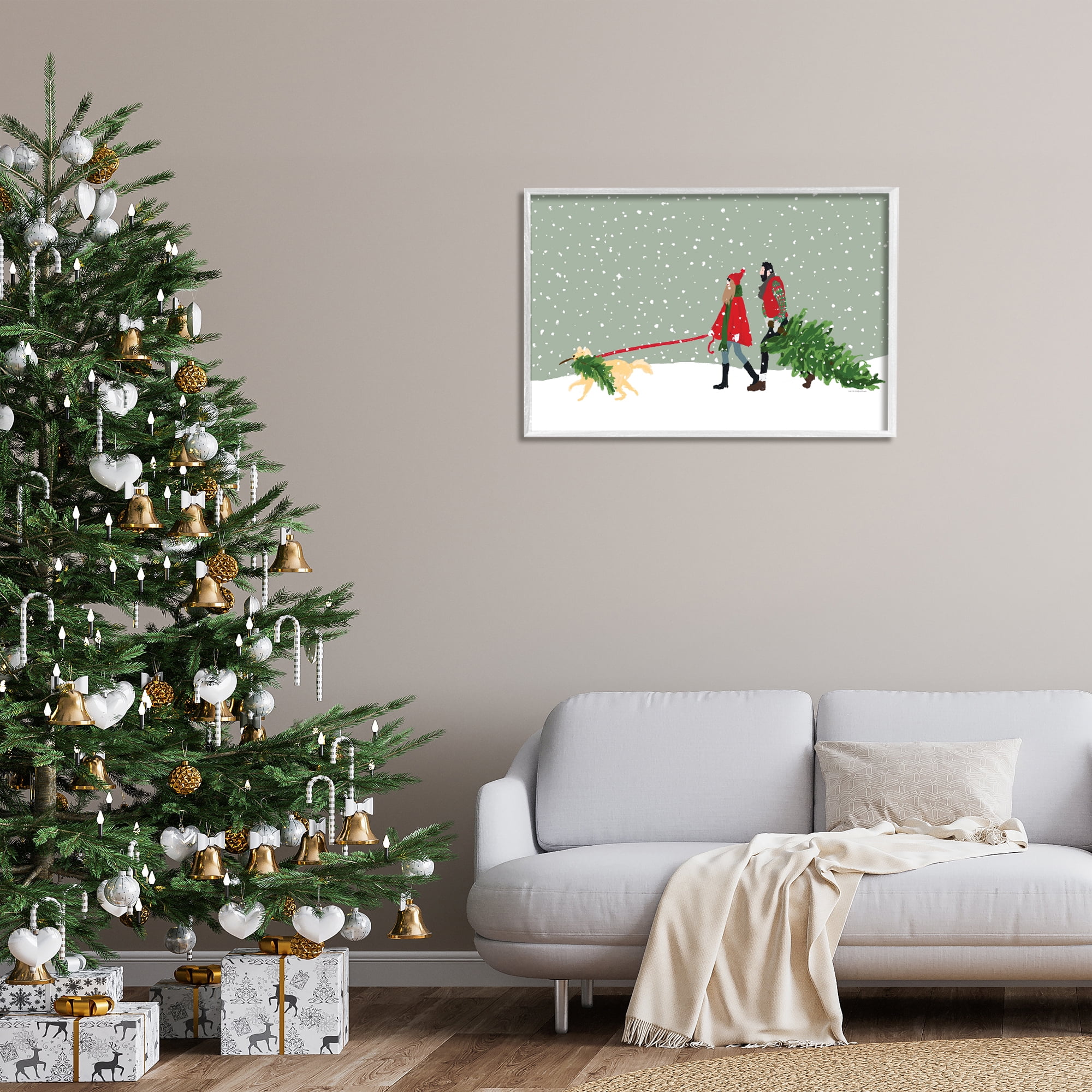 Stupell Industries Couple with Christmas Tree Holiday Painting White Framed Art Prints Wall Art, 30 x 20