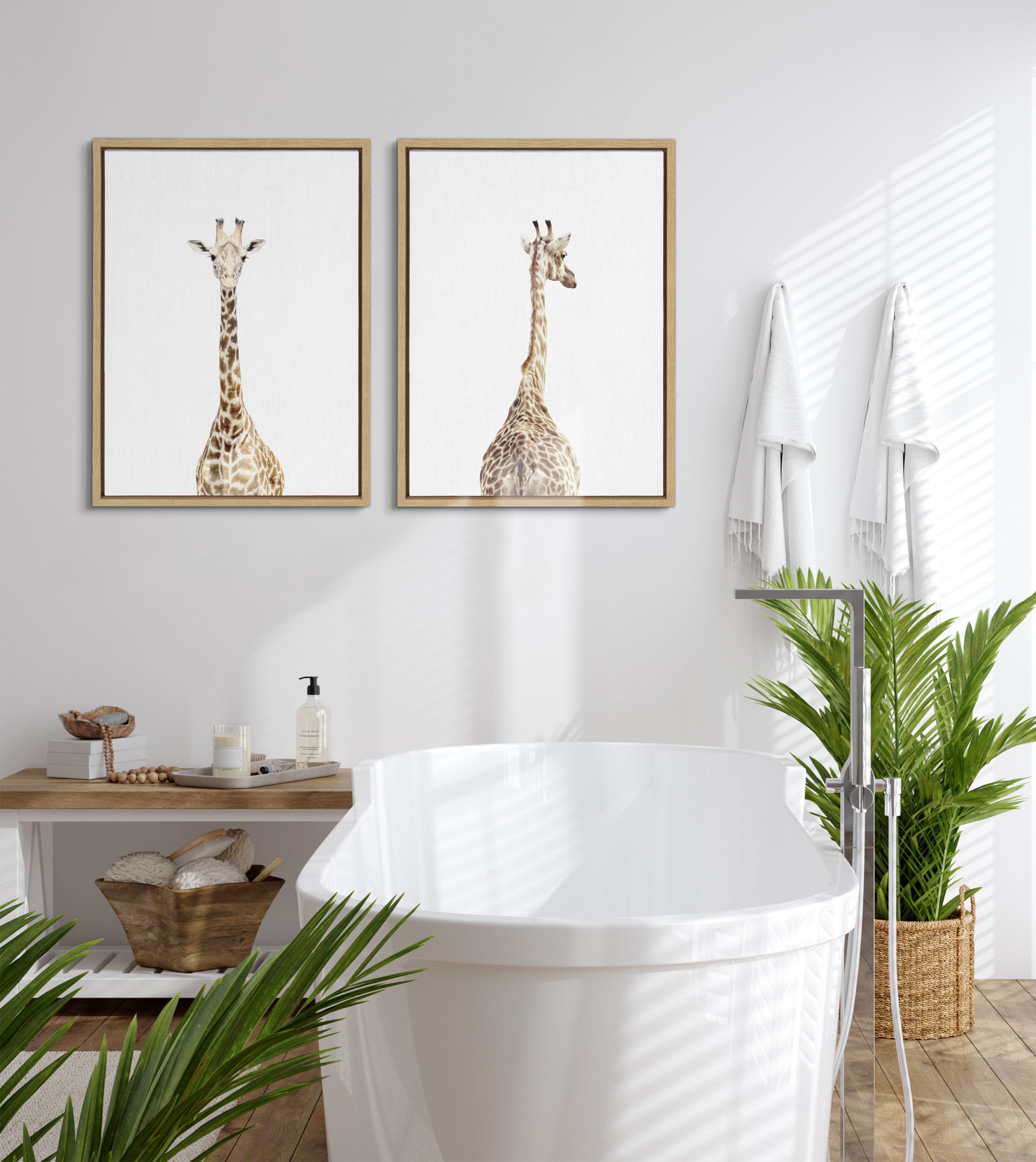 Kate and Laurel Sylvie Giraffe Front and Back Framed Canvas Wall Art Set by Amy Peterson Art Studio, 2 Piece 18x24 Natural, Decorative Zoo Animal Wall Decor