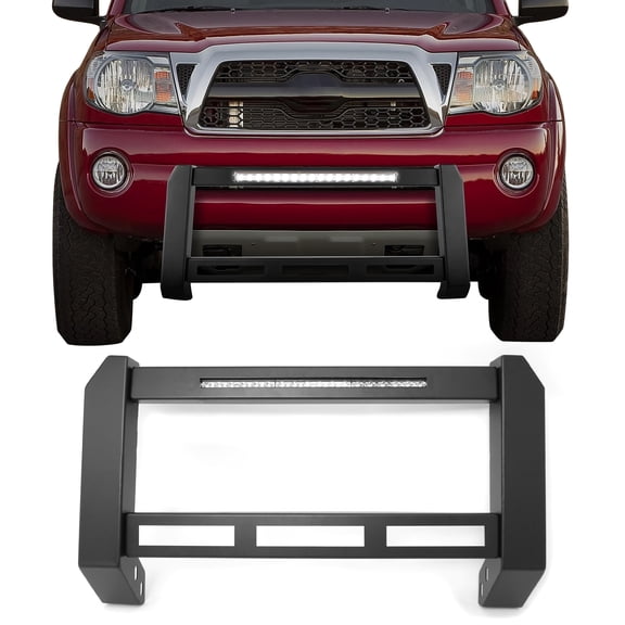Ikon Motorsports Bull Bar Front Push Brush Bumper Grille Guard Protector W/LED Light For 2005-2015 Toyota Tacoma, Textured Black Steel Aluminum