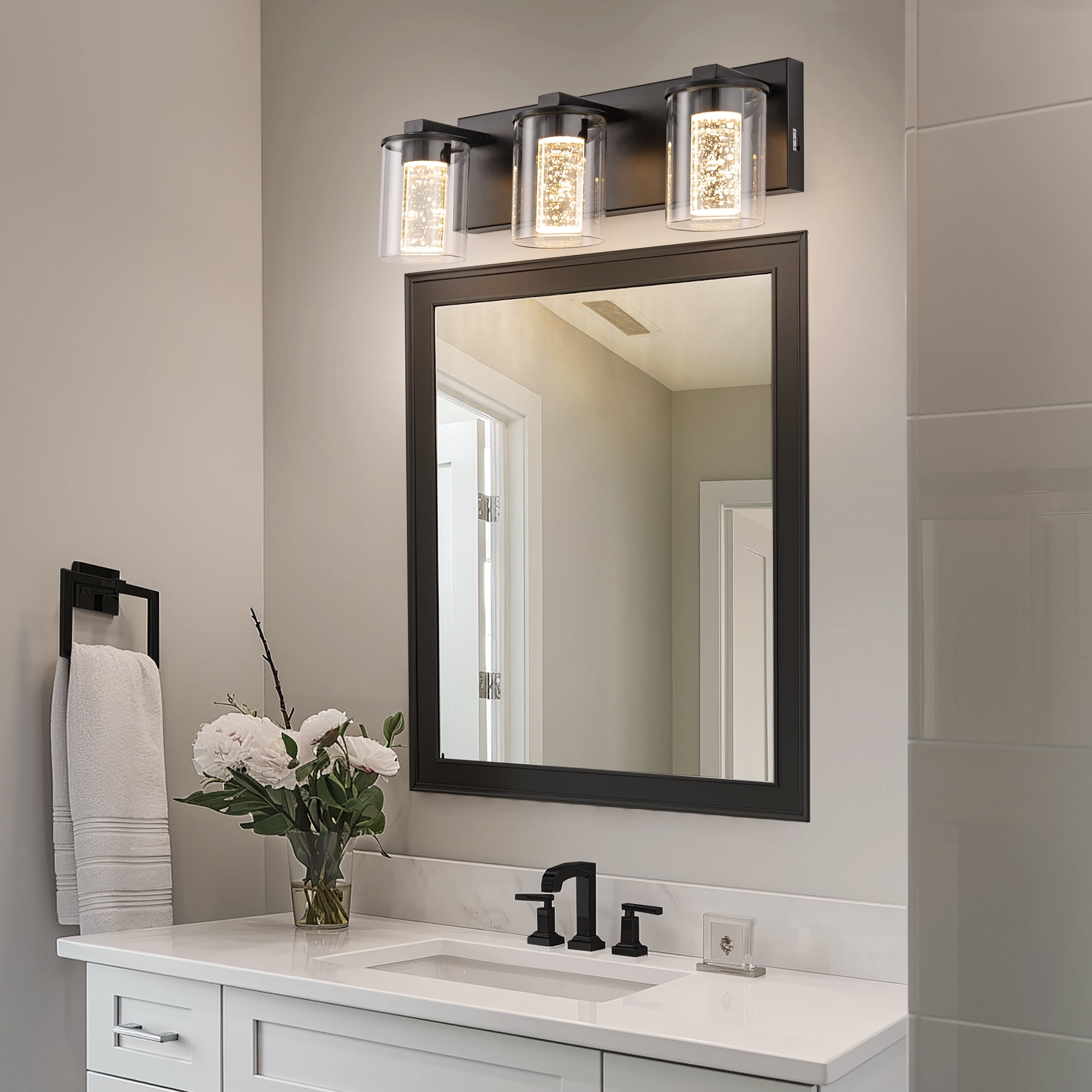 Crystal Bathroom Light Fixtures, Briignite Black Vanity Light Fixture Over Mirror for Bathroom, LED Wall Lighting with Clear Glass Shape