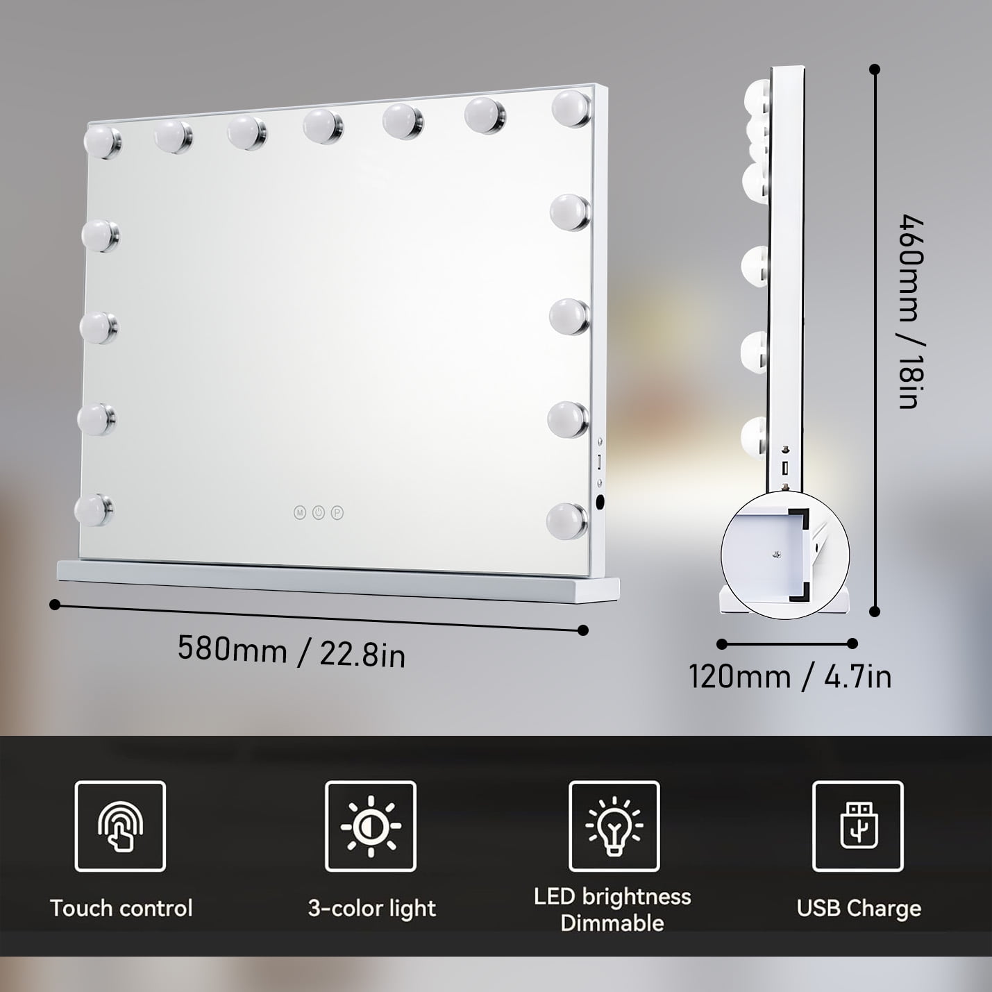 Vanity Mirror with Lights, 22''x18'' Hollywood Makeup Mirror with 15 Dimmable LED Bulbs, 3 Color Modes, USB Charging Port and 10X Magnification, White