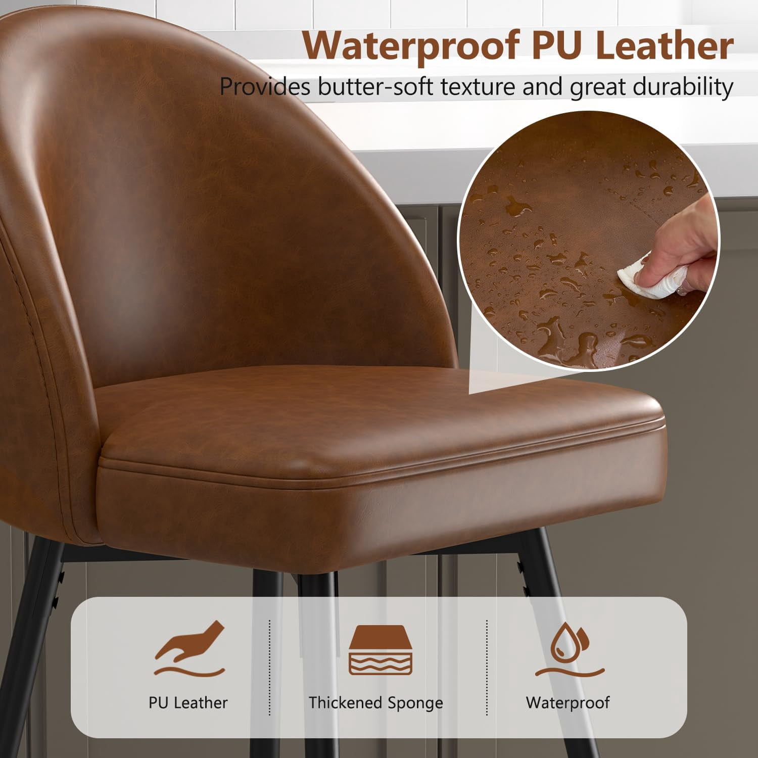 JULY'S SONG Counter Height Bar Stools with Back Sets of 2, 360°Swivel Upholstered Barstools with Metal Legs, 27" Seat Height Bar Stool for Kitchen Island, Faux Leather in Brown