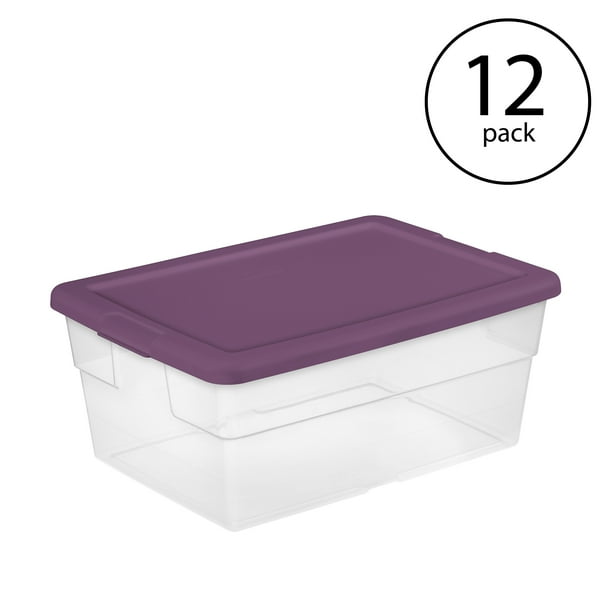 Sterilite Stackable 16 Qt Storage Tote, Clear, Purple Lid, (12 Pack
