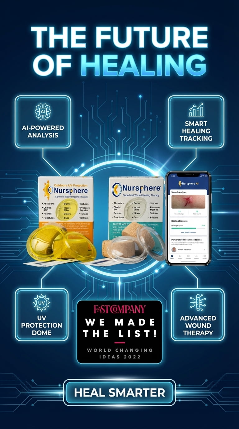 Nursphere® Dome Bandage™ Outdoors UV Protection with Wound Tracker™ App U.S. Medical Utility Patent No. 12,636,195.