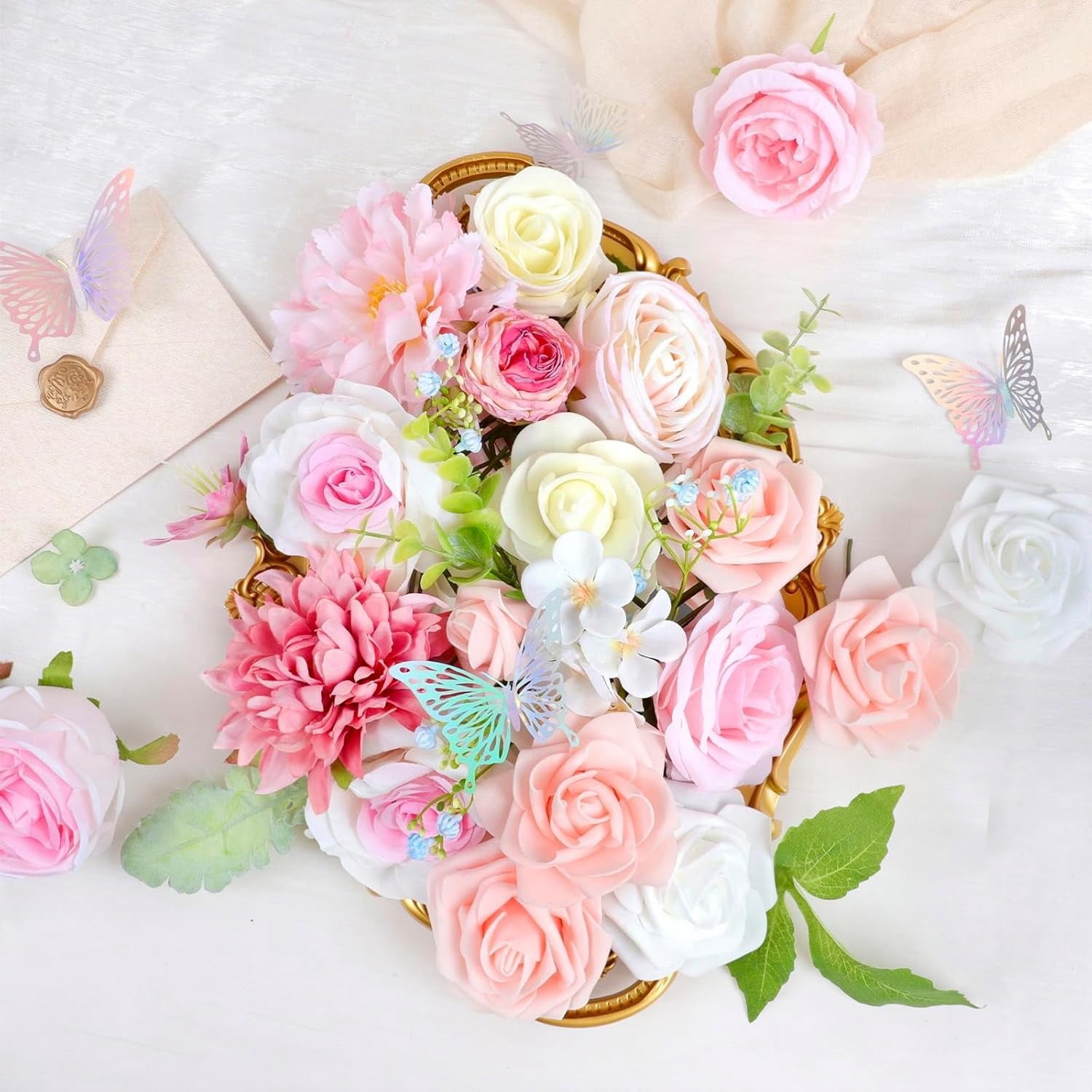 Blue Pink Artificial Flowers Combo, Roses Fake Flowers with Stems Wedding Pastel Flowers for Decorations DIY Bouquets Centerpieces Floral Arrangements Decor