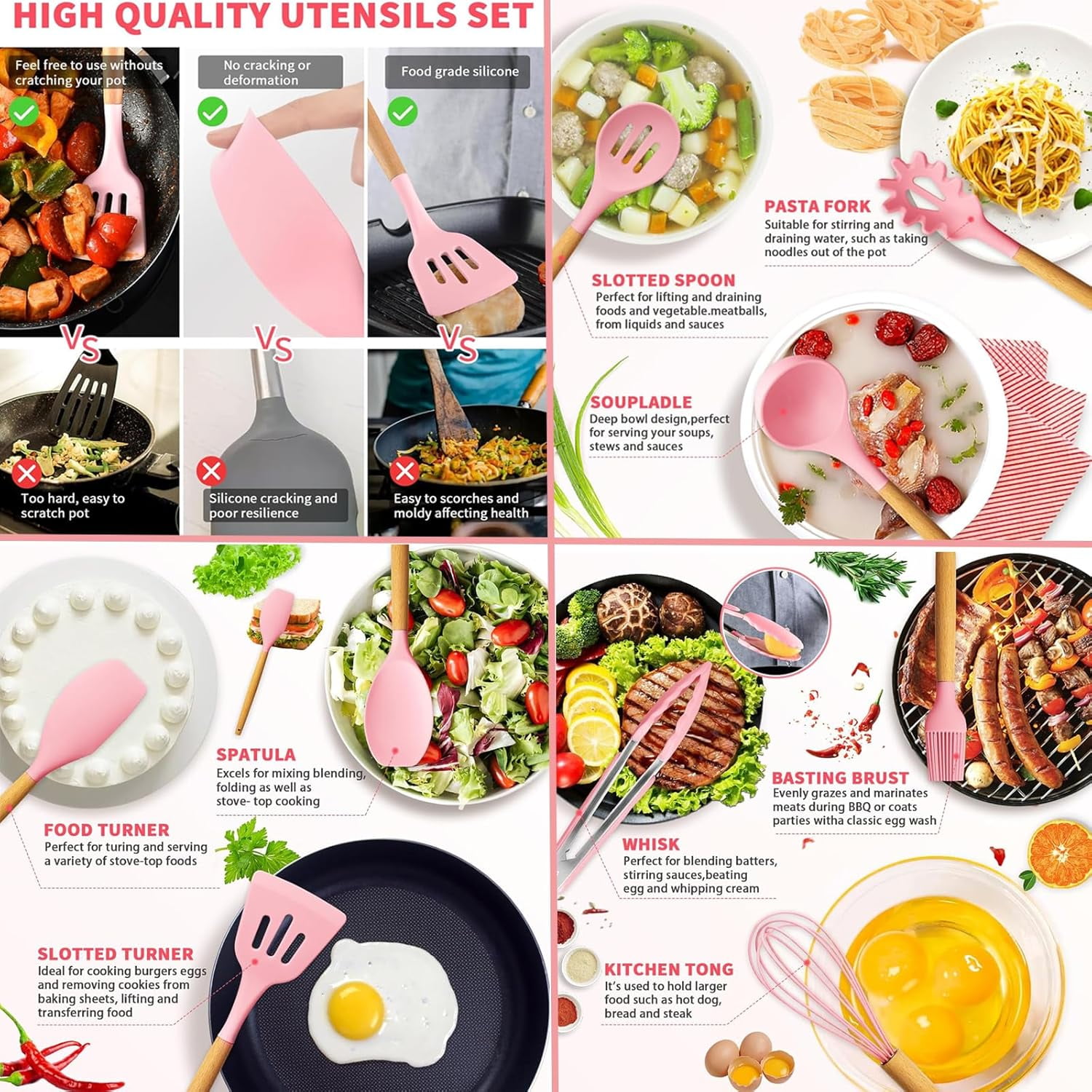 Cooking Utensils Set, 19 PCS Silicone Kitchen Utensils Set with Holder and Kitchen Knife Set for Cooking, Non-stick Heat Resistan Kitchen Tools and Gadgets with Wooden Handle