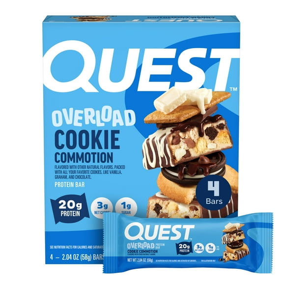Quest Overload 20g Protein Bar, Cookie Commotion Flavor, High Protein, Gluten Free, 4 Count