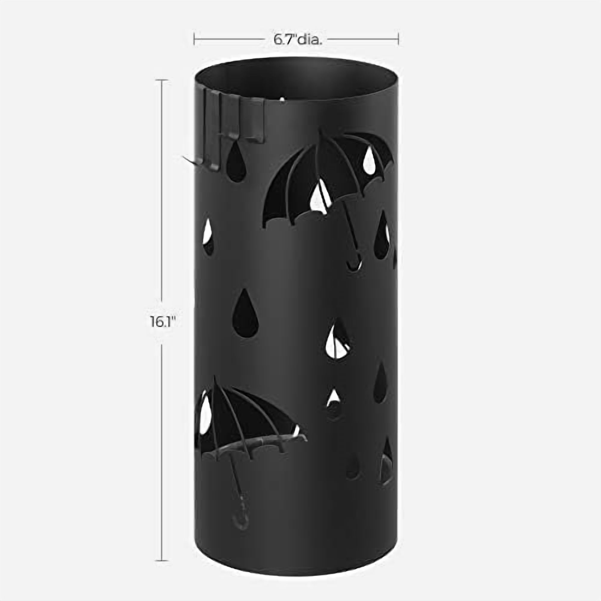 Umbrella Stand, Metal Umbrella Holder for Entryway, with Water Tray and 4 Hooks, 6.7 x 6.7 x 16.1 Inches, Round, Ink Black ULUC024B01