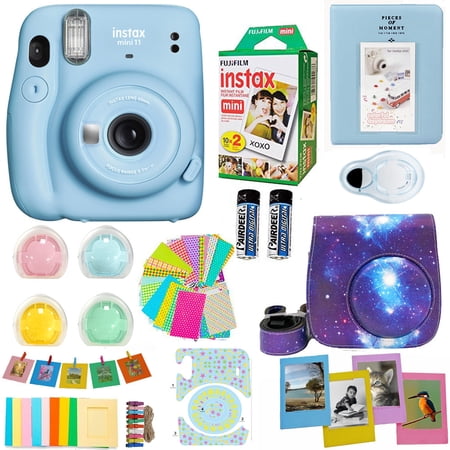 Fujifilm Instax Mini 11 Camera Sky Blue + Accessories kit for Fujifilm Instax Mini 11 Camera Includes; Instant camera + Fuji Instax Film (20 PK) + Galaxy Case + Frames + Selfie lens + Album And More