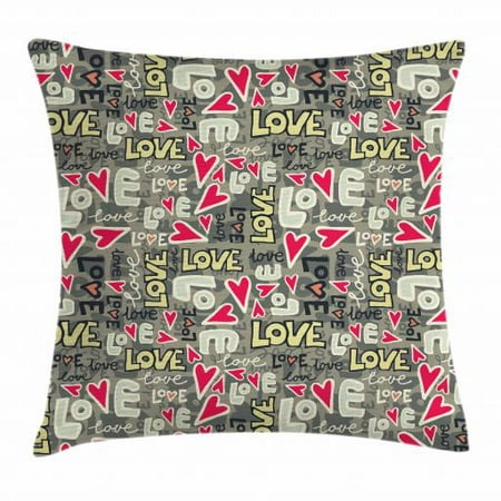 Urban Graffiti Throw Pillow Cushion Cover, Romantic Love Message and Heart Icons Various Styles of Typographic Words, Decorative Square Accent Pillow Case, 18 X 18 Inches, Multicolor, by