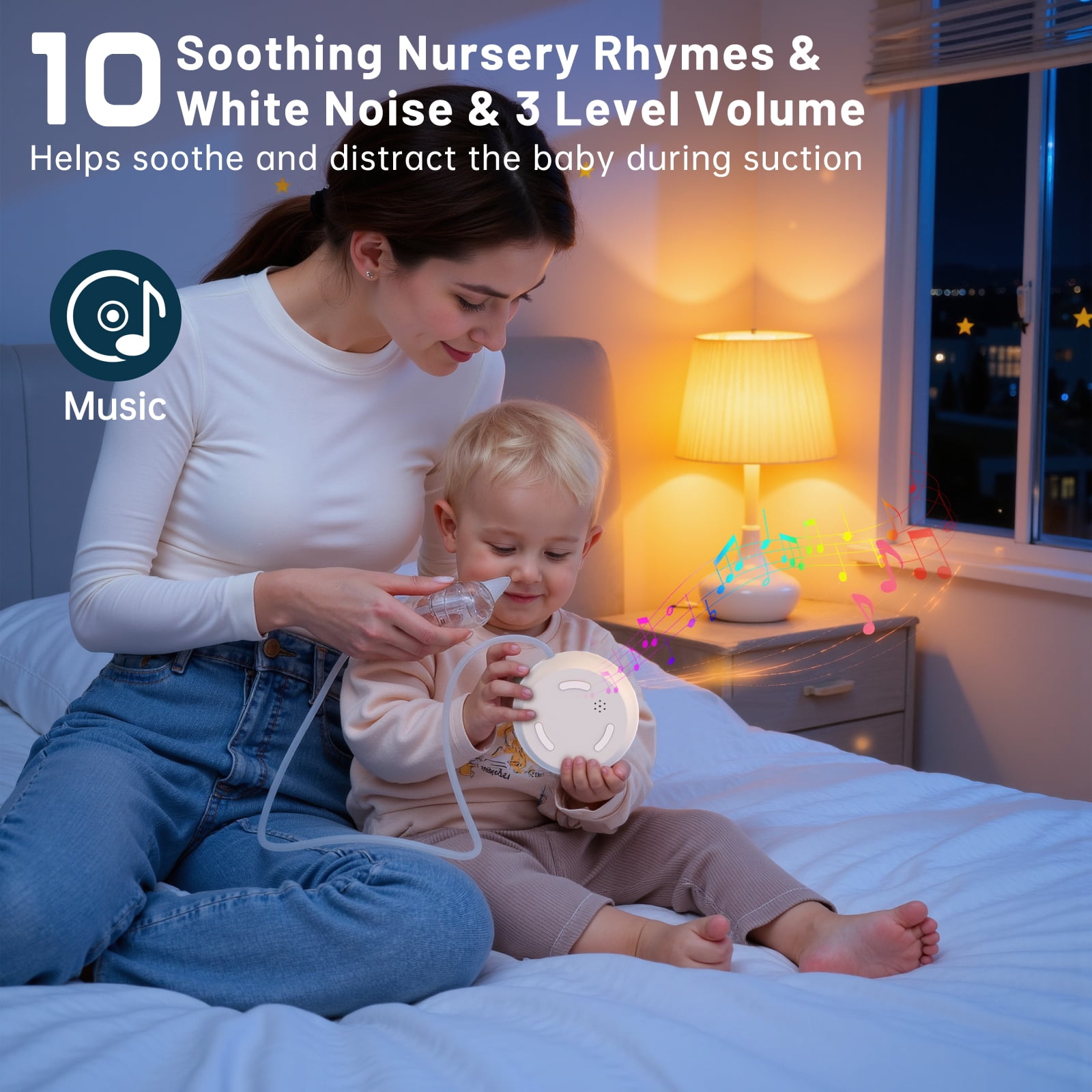 Cshidworld Nasal Aspirator for Baby, Electric Baby Nose Booger Sucker with 9 Levels Suction, Night Light & 10 Nursery Rhyme Soothing Function, Automatic Nose Suction for Toldder Child, 3 Silicone Tip