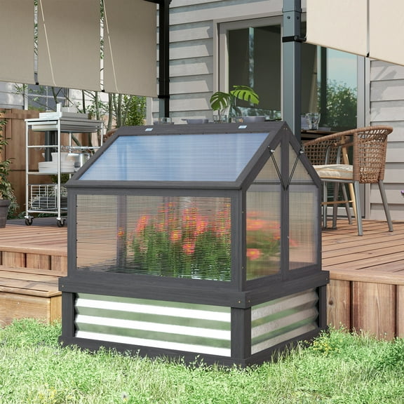 Outsunny Raised Garden Bed with Polycarbonate Greenhouse, Garden Wooden Cold Frame Greenhouse Flower Planter Protection, 35.5" x 31.5" x 36", Gray