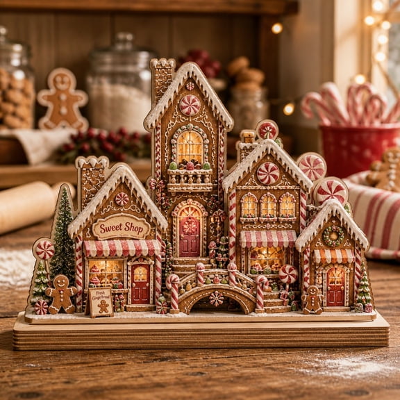 Christmas Village Wooden Plaque Gingerbread Sweet Shop Wood Tabletop Display for Holiday Mantel Decor