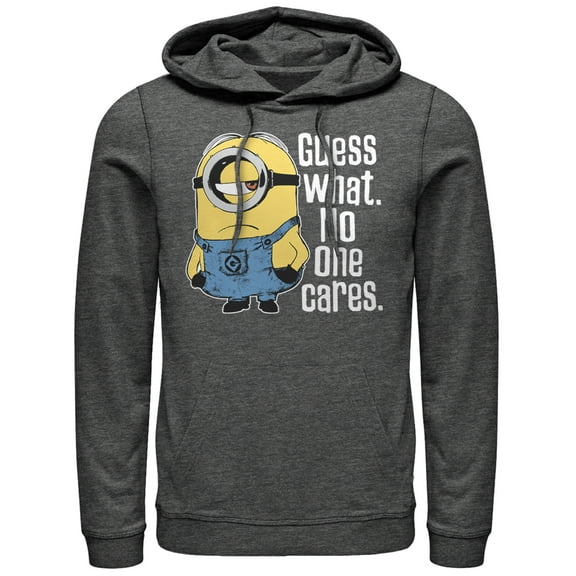 Men's Despicable Me Minion No One Cares Pull Over Hoodie Charcoal Heather X Large