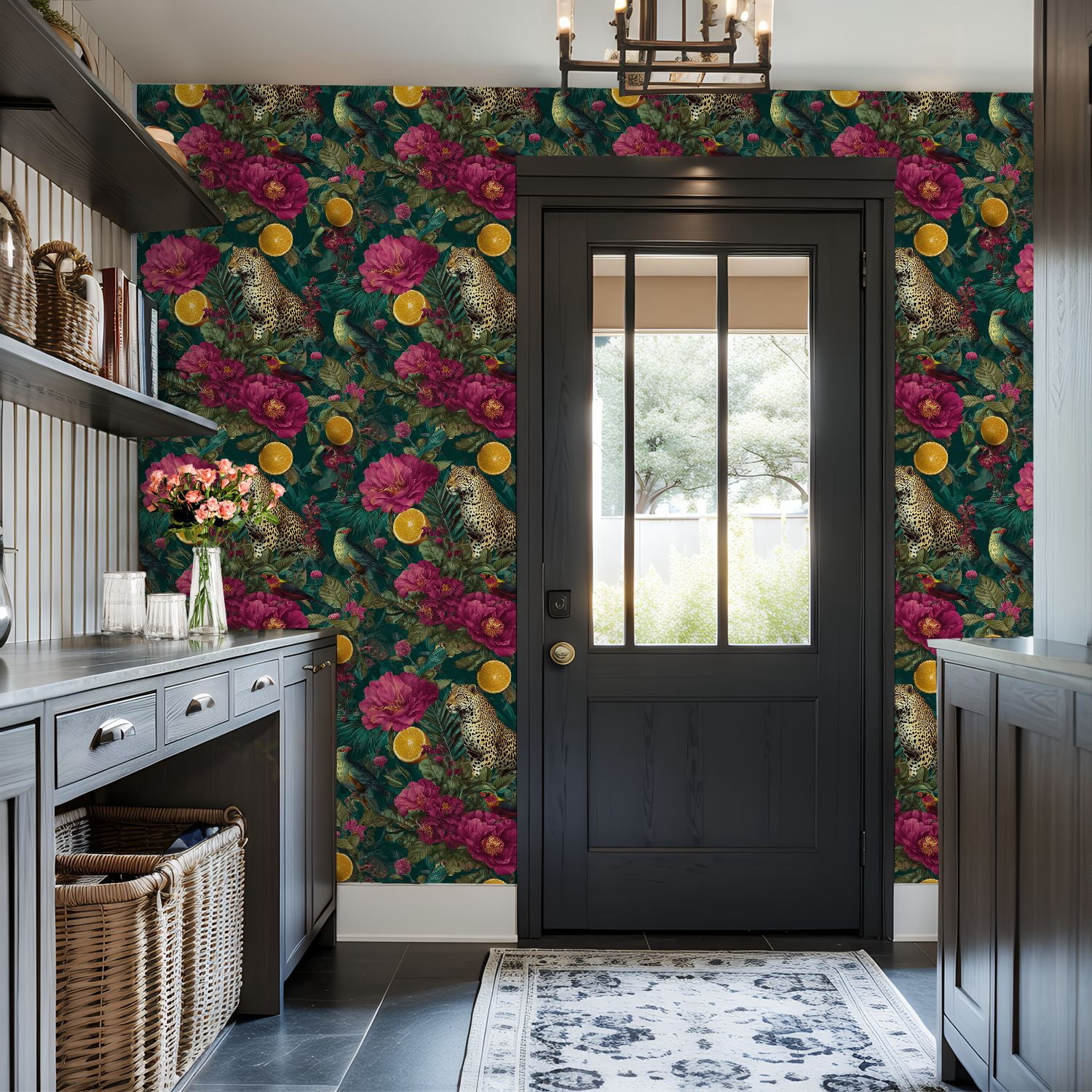 Peel and Stick Wallpaper Vibrant Jungle Leopards Large Pink Flowers Citrus Wall Mural 17.7in x 9.8ft Self Adhesive Removable Wall Paper Renter Friendly Wallpaper for Nursery Bedroom Cabinets