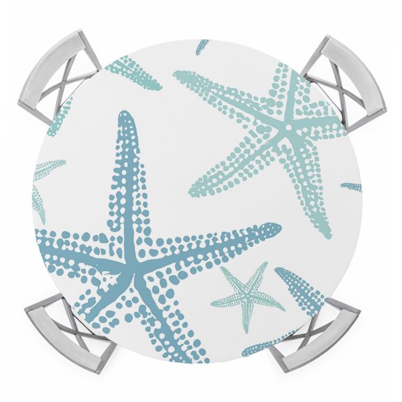Coastal Blue Starfish Round Table Cover, Nautical Minimalist Ocean Sea Summer Waterproof Fitted Tablecloths for 55"-60" Tables, Washable Picnic Table Cover for Camping Dining Indoor Outdoor