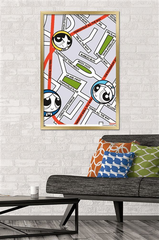 The Powerpuff Girls - Group Map Wall Poster, 22.375" x 34", Framed