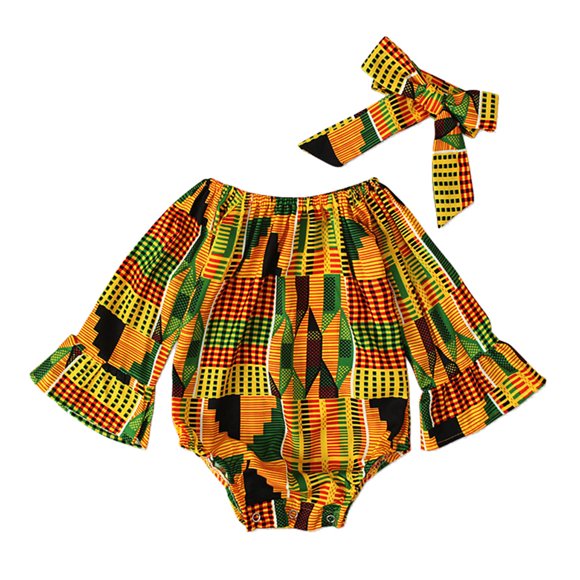 EDFBUYKRS 0-2Y Barboteuse à Manches Longues pour Bébé Fille Imprimé Africain Bandeau Vêtements