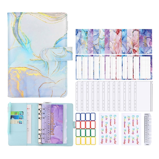 Carpeta de presupuesto A6 con diseño de mármol, cubierta de cuaderno de cuero PU, sobres co Carevas Computadora portátil