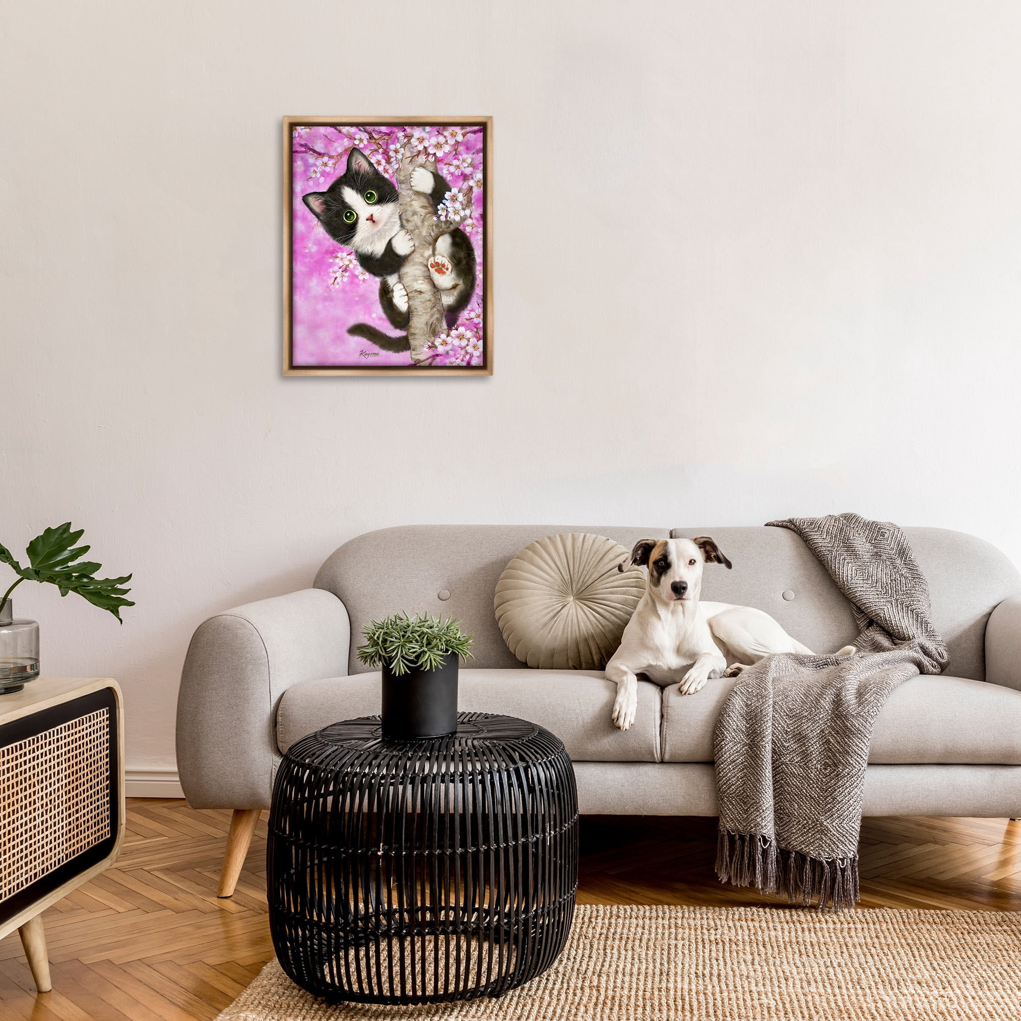 Stupell Industries Kitten & Cherry Blossoms Animals & Insects Painting Brown Floater Framed Canvas Art Print Wall Art, 25 x 31