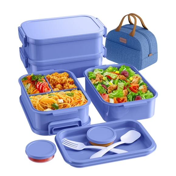 Set de loncheras Bento KEMETHY de 2,19 L, 3 niveles con bolsa térmica, color morado