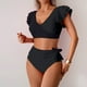 thumbnail image 4 of Conjunto de Trajes de Baño de Color Sólido de las Mujeres, una Pieza Conservadora con Bloqueo de Color, Ruffle Y División Lateral para la Playa Y la Piscina, Desgaste de Verano Modesto, 4 of 9