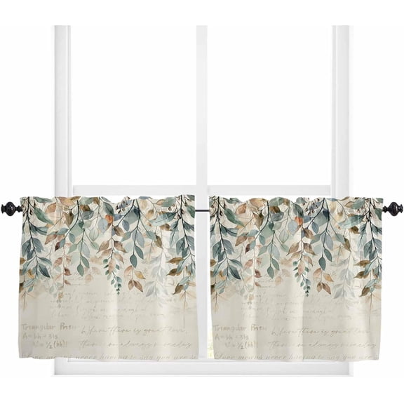 Fall Leaves Window Tier Curtains 24 Inch Length, Rustic Vintage Eucalyptus Botanical Rod Pocket Window Treatment Kitchen Drapes for Bedroom, Cafe, Living Room, 2 Panels, 27.5 W x 24 L