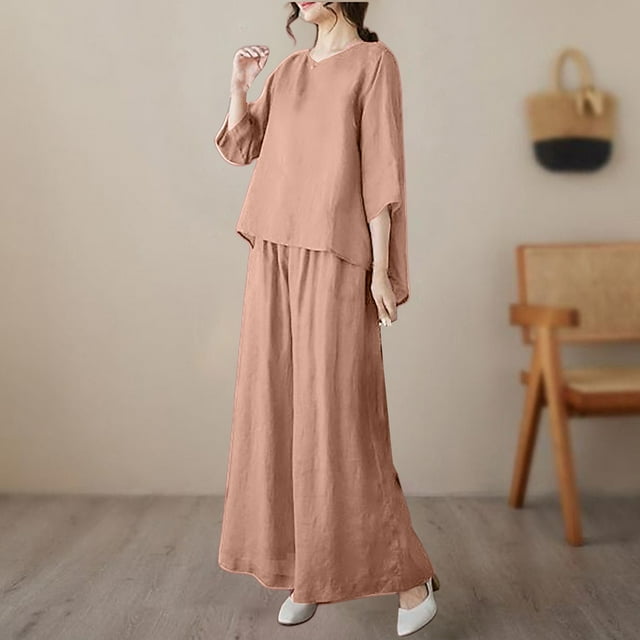Womens pajama sets Two Breathable Cotton And Linen Tops Loose And Wide Leg Pants Set XXXXL