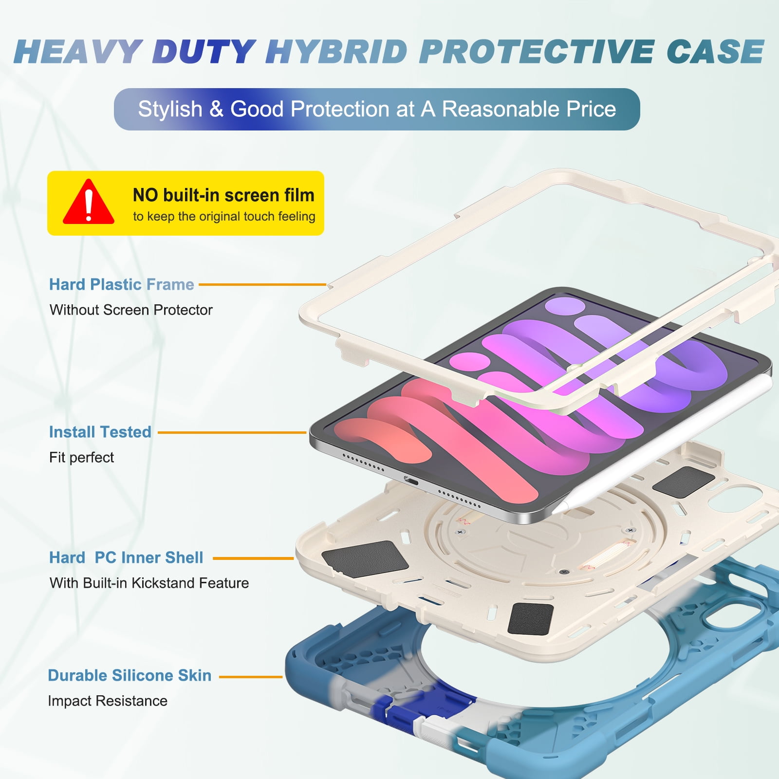 Rugged Case for 2021 Apple iPad Mini 8.3-Inch (6th Generation 2021 Release) - Rotating Stand Case with Hand Strap /Adjustable Shoulder Strap /Pencil Holder, Shockproof Protective Cover (Rainbow Blue)