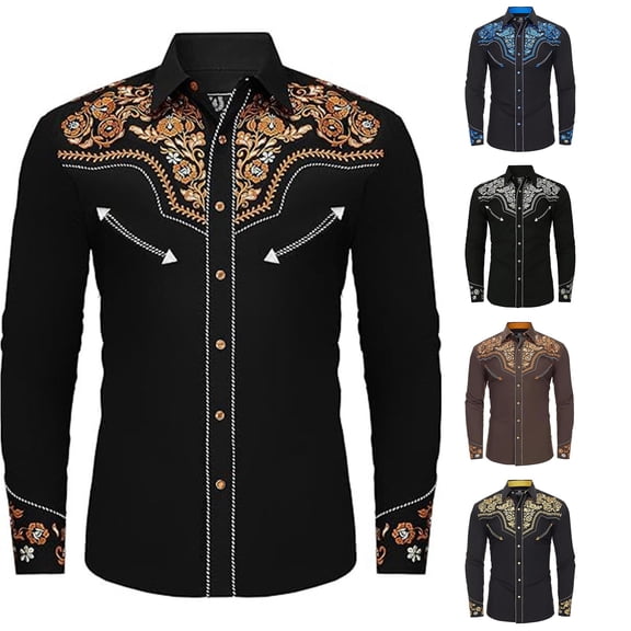 Men Embroidered Western Cowboy Shirt Long Sleeve Slim Fit Casual Button Down Style with Pockets Orange M