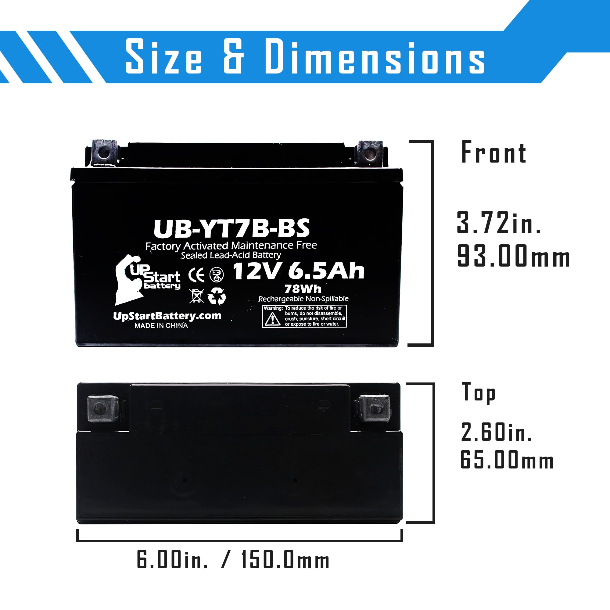 UpStart Battery Replacement 2001 Yamaha TTR250 250CC Factory Activated, Maintenance Free, Motorcycle Battery - 12V, 6Ah, UB-YT7B-BS