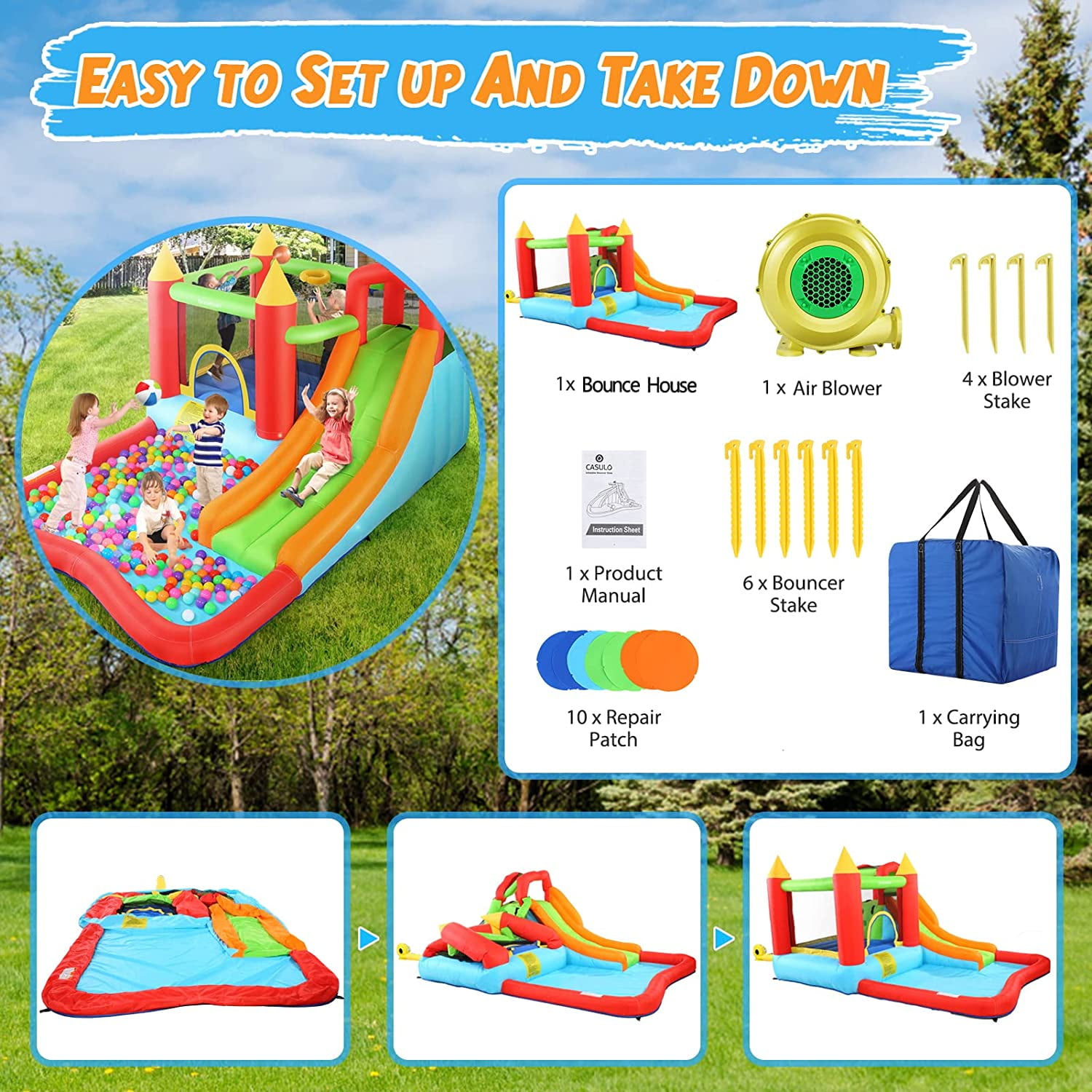 Veeboto Inflatable Bounce House with 370W Blower, Large Bouncy Castle with Slide & Bouncing Area, Climbing Wall, Jumping House for 3-10 Years Kids