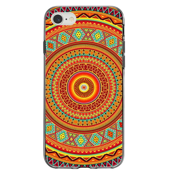 DistinctInk Clear Shockproof Hybrid Case for iPhone 7 8 SE (2020 Model) 4.7" Screen TPU Bumper Acrylic Back Tempered Glass Screen Protector - Orange Teal Yellow Tribal Print