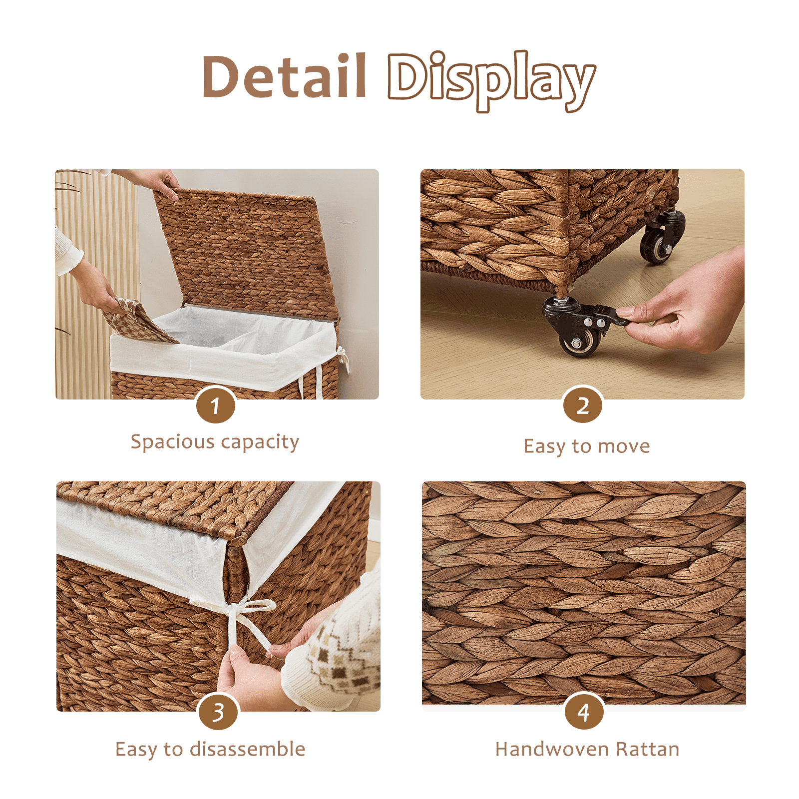 100L 2-Section Laundry Hamper with Lid and Wheels, Woven Natural Water Hyacinth