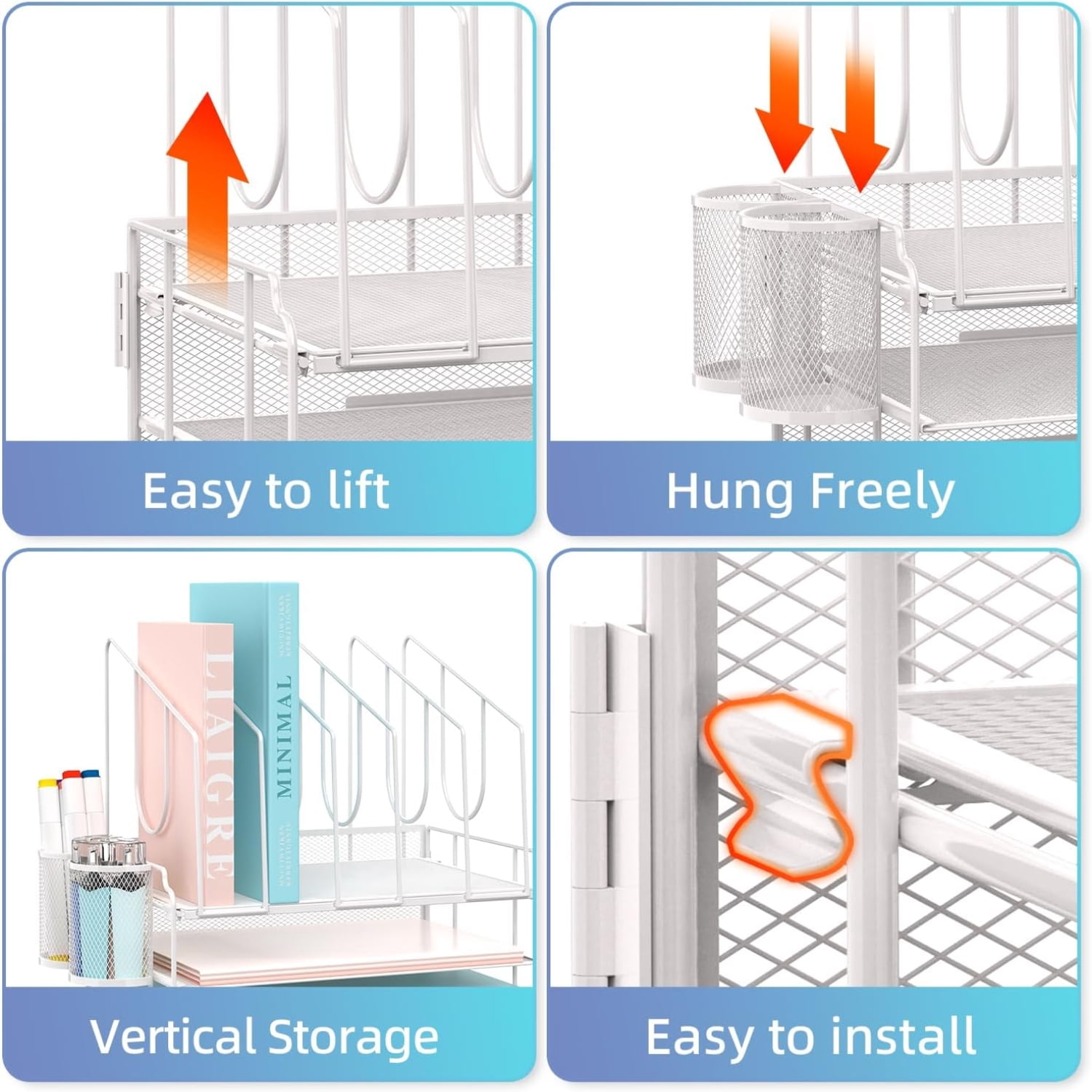 INTIGE 4-Tier Mesh Desktop Organizer with Drawer, 5 Vertical File Holders and 2 Pen Holders, White