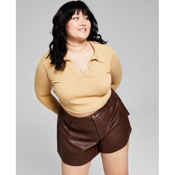 Trendy Plus Size Cropped Polo Top Camel Brown 3X