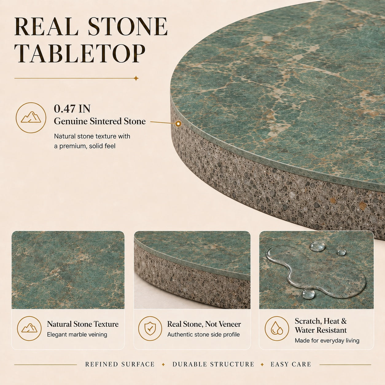 Aukfa 31.5" Round Sintered Stone Dining Table for 2-4, Kitchen Table Tulip Table with Gold Pedestal Base for Bistro Small Apartment,Jade Green Marble