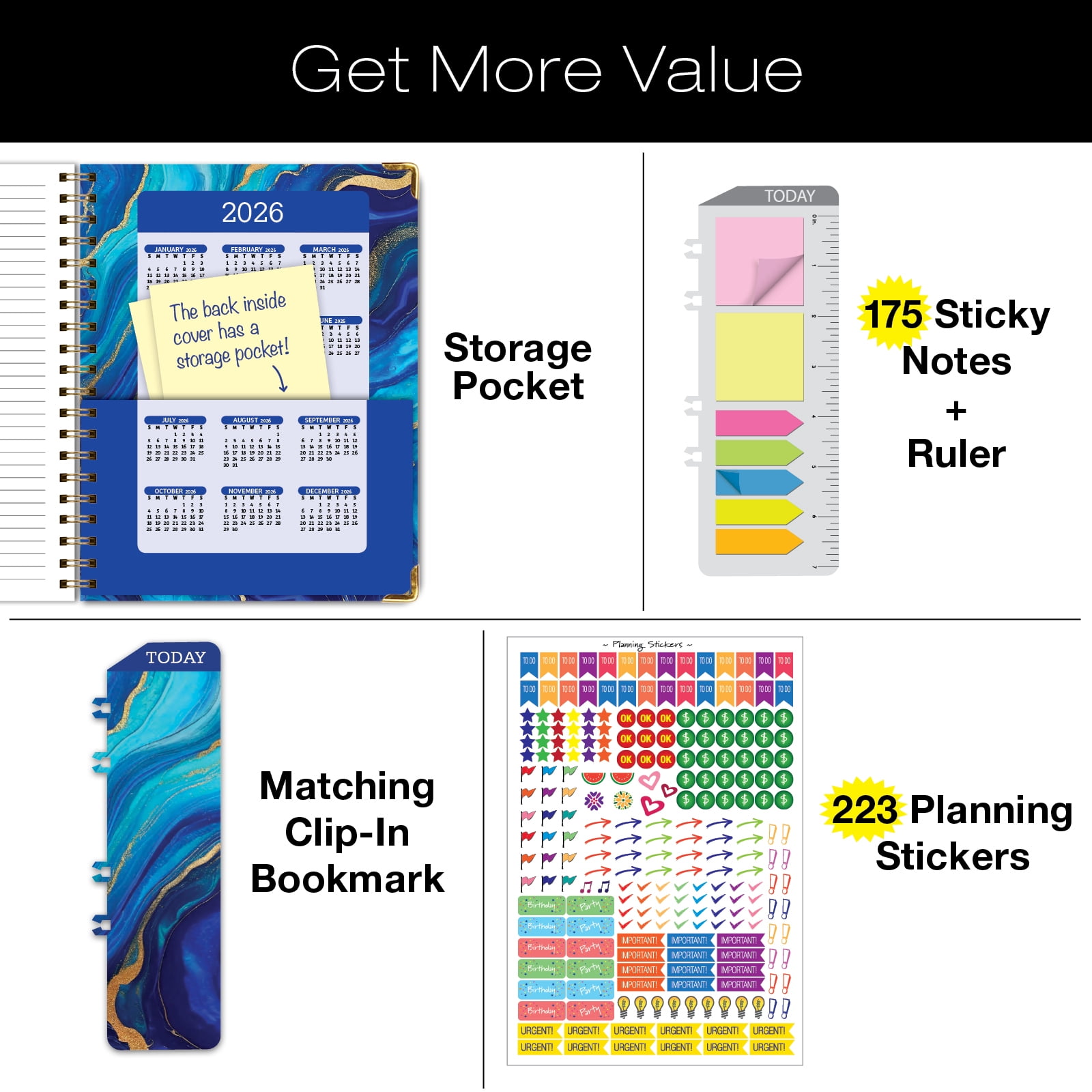 Academic Year 2025-2026 Planner, June 2025 - July 2026, 8.5"x11" Daily Weekly Monthly Planner Yearly Agenda, Hardcover, Bookmark, Pocket Folder and Sticky Note Set (Dark Blue Marble)