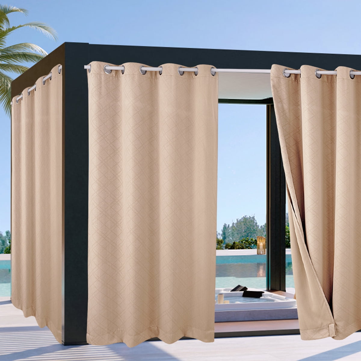 TOPCHANCES 2 Panels Outdoor Curtains for Patio, Waterproof Weatherproof Privacy Curtains 3D Embossed Pattern, Thermal Insulated Grommet Top and Tab Bottom Drapes, W52in x L94in