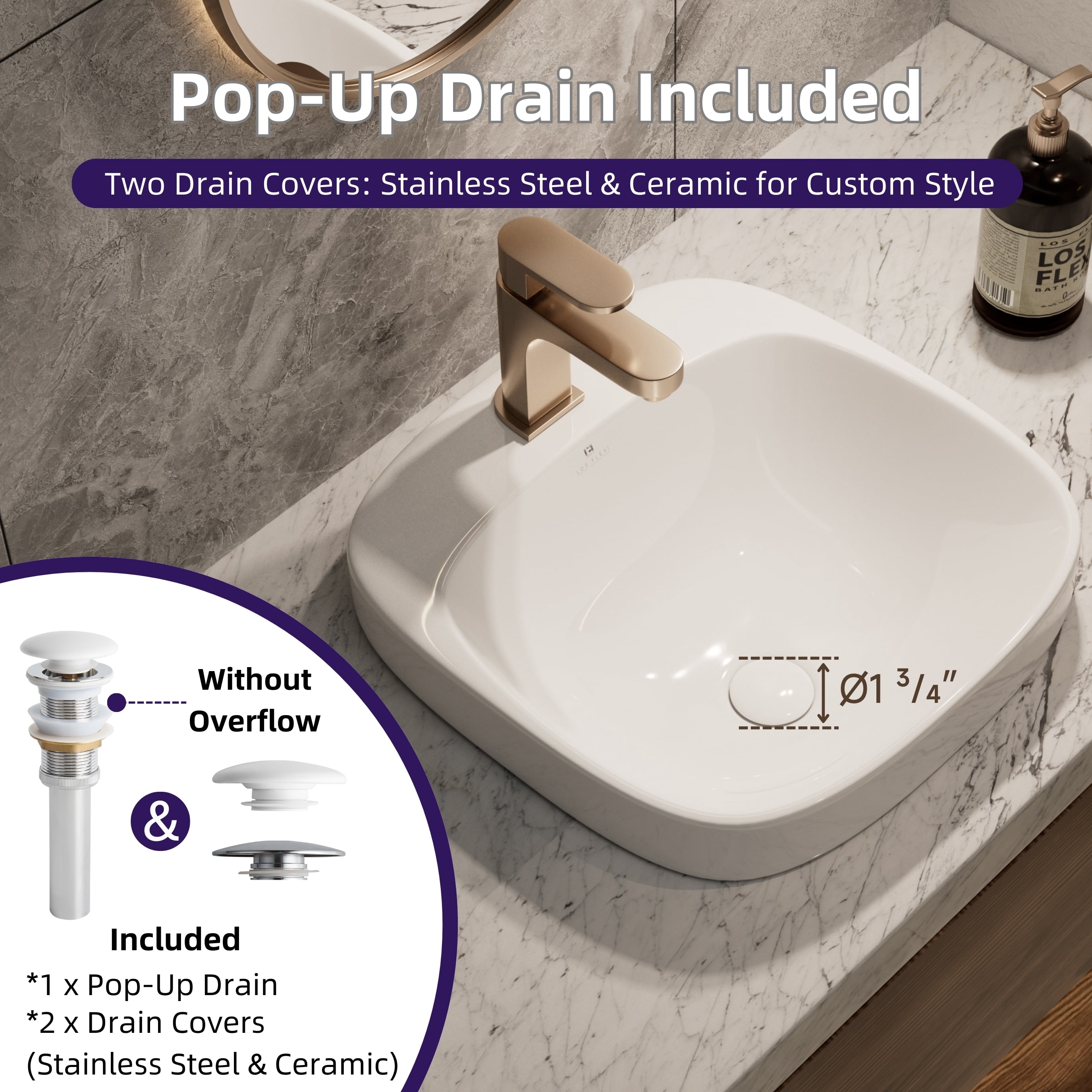 Los Flexi 17" Square Drop-In Bathroom Sink, White Ceramic Semi-recessed Bathroom Sink for Vanity, Non-Overflow Pop-Up Drain Included