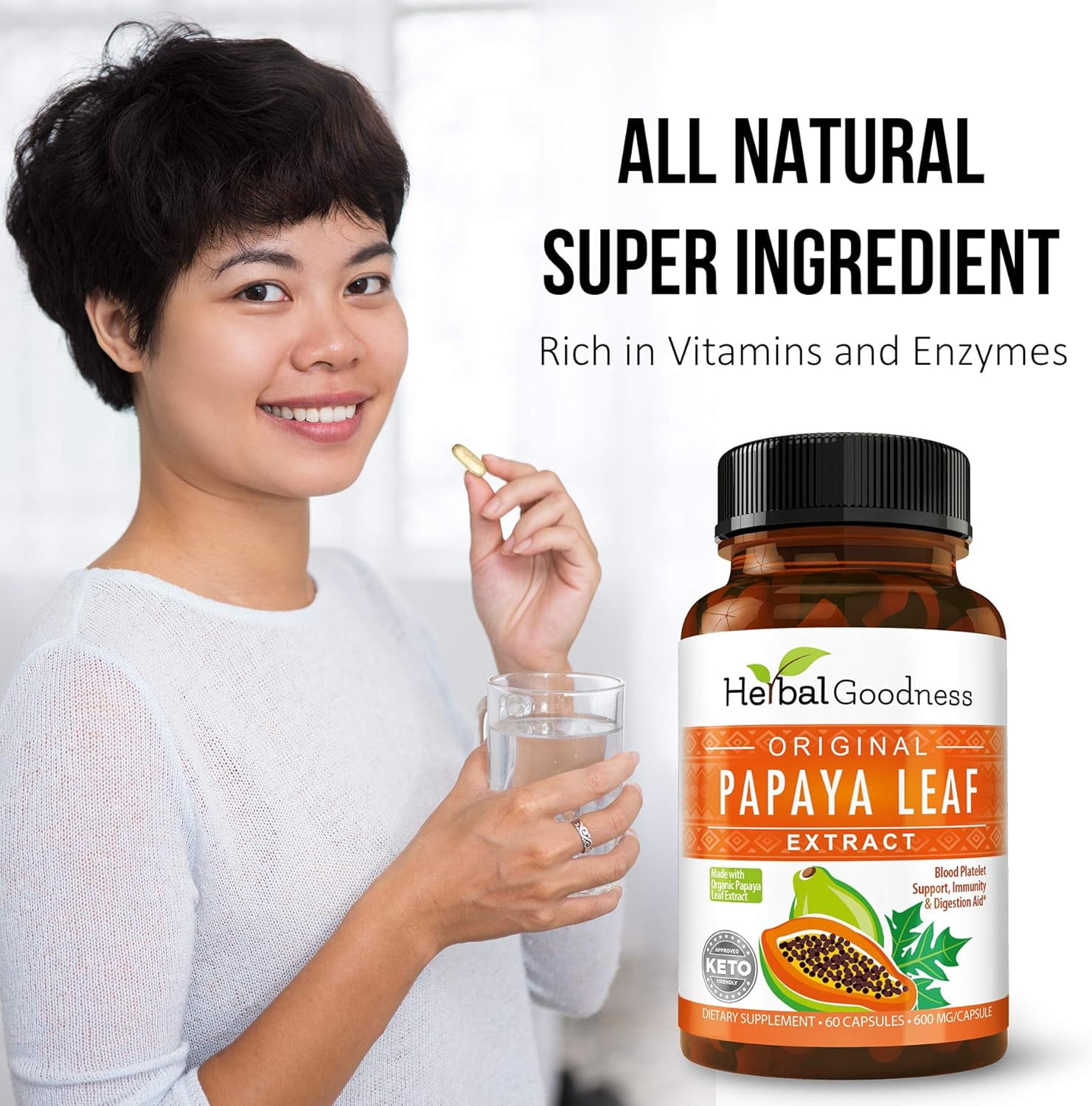 Herbal Goodness Papaya Leaf Extract Capsule, Pills, Digestive Enzymes, Immunity, Gut Health Supplement, Blood Platelet - 60/600mg