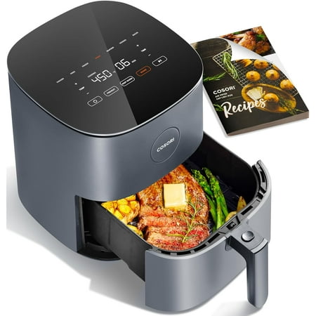 Air Fryer Pro 9-in-1, Compact 5QT, Ceramic Coating, 450?: Half Time & Chef-Grade Cook, One-Wipe Clean Glass Panel, 130+ In-App Recipes, Nonstick & Dishwasher-Safe Basket, Gray
