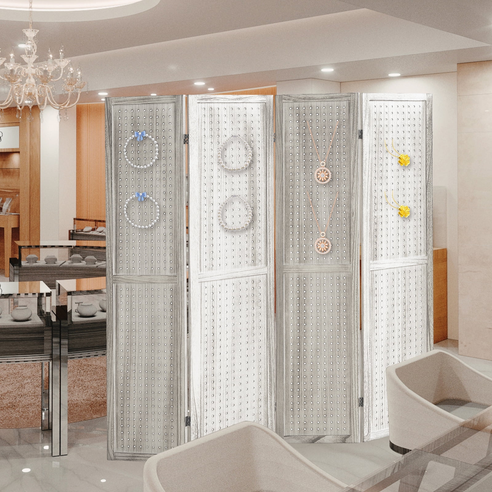 Aletheiawu 4 Panel Display with 16 Hooks, Wood Room Divider Wall, No Installation, Light Brown